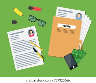 Cartoon View of Working Place witch Papers Folder, Phone, Glasses and Different Element on a Green. Vector illustration