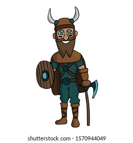 cartoon viking with ax, shield and beard. White background isolated stock vector illustration
