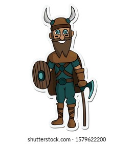 cartoon viking with ax, shield and beard sticker. White background isolated stock vector illustration