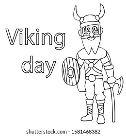 cartoon viking with ax, shield and beard. White background isolated stock vector illustration