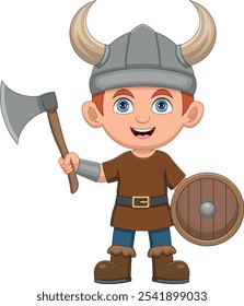 Cartoon Viking boy with ax and shield