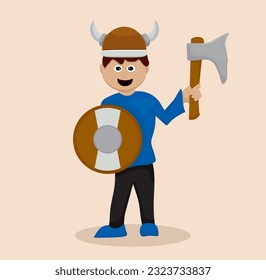 Cartoon Viking Junge halten Schild und Axt Spielzeug, Junge mit viktorianischem Kostüm mit Helm, Axt und Schild.