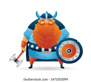 Cartoon viking cute character with shield and ax. Funny cartoon. Illustration isolated on white background for poster, card, web, logo. Vector