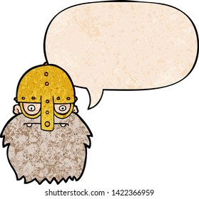 cartoon viking face with speech bubble in retro texture style