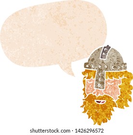 cartoon viking face with speech bubble in grunge distressed retro textured style