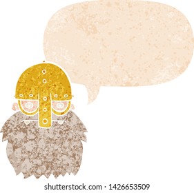 cartoon viking face with speech bubble in grunge distressed retro textured style