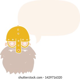 cartoon viking face with speech bubble in retro style