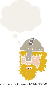 cartoon viking face with thought bubble in retro style