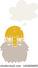 cartoon viking face with thought bubble in retro style