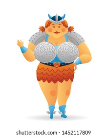 Cartoon viking fat woman character. Funny caricature cartoon. Vector illustration isolated on white background for poster, card, web, logo