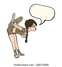 cartoon viking girl bowing with speech bubble