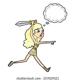 cartoon viking girl with sword with thought bubble