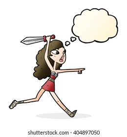 cartoon viking girl with sword with thought bubble