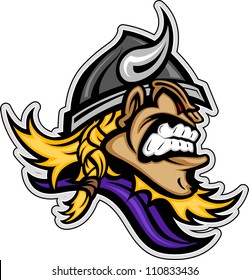 Cartoon Viking Head Vector Image with Horned Helmet