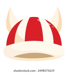 Cartoon viking helmet with white horns and red stripes, reminiscent of ancient scandinavian warriors