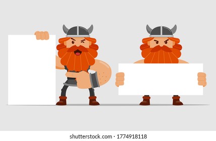 Cartoon of Viking Holding Blank Sign - Vector Isolated Illustration
