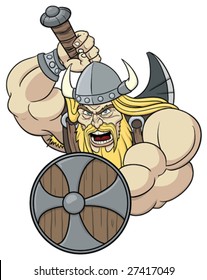 Cartoon viking holding shield and axe.