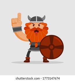 Cartoon of Viking holding Shield and Pointing Up - Vector Isolated Illustration