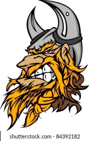 Cartoon Viking Mascot Head Vector Image with Horned Helmet