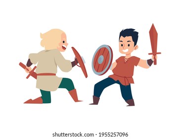 Cartoon Viking Medieval Children Fighting, Flat Vector Illustration Isolated.