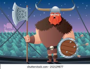 Cartoon Viking on board of Viking ship. No transparency used. Basic (linear) gradients.