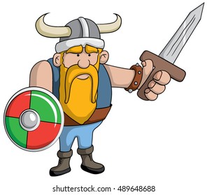 Cartoon viking with shield and sword