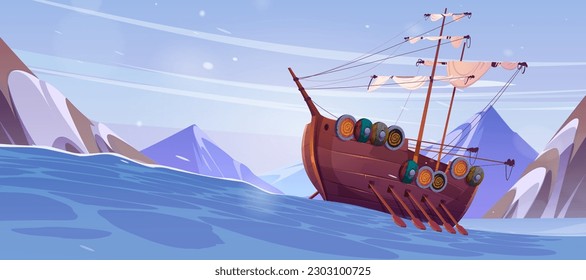 Cartoon viking ship floating in stormy Nordic sea surrounded by mountains. Vector illustration of old wooden boat sailing with oars and traditional scandinavian shields on board. Medieval warship