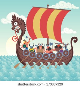 Cartoon Viking Ship Sailing.