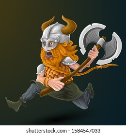 Cartoon Viking. Vector character. With an axe, a horned helmet and Golden armor.