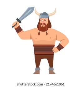 Ilustración vectorial Viking de dibujos animados. Soldado medieval disfrazado o guerreros aislados de fondo blanco. Mitología escandinava