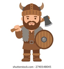 Cartoon viking warrior holding axe and shield, smiling bearded nordic character in flat style isolated on white background. Vector illustration