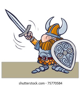 Cartoon viking warrior vith sword and shield.