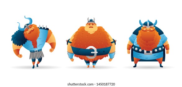 Cartoon vikings men set cute color characters in scandinavian costume. Children's theme. Funny cartoon. Vector illustration isolated on white background. For poster, postcard, print, web, kids rooms