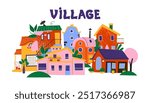 Cartoon village architectural houses, urban composition in 90s doodle style. City ​​buildings in Scandinavian style, plants, cozy buildings city streets