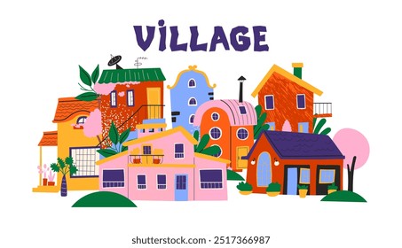 Cartoon village architectural houses, urban composition in 90s doodle style. City ​​buildings in Scandinavian style, plants, cozy buildings city streets