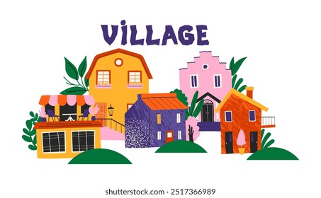 Cartoon village architectural houses, urban composition in 90s doodle style. City ​​buildings in Scandinavian style, plants, cozy buildings city streets