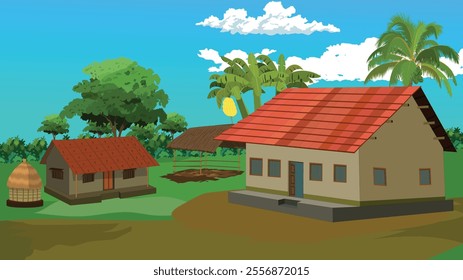 Cartoon village background for cartoon  animation with tiles roofed cottage sorrounded by trees