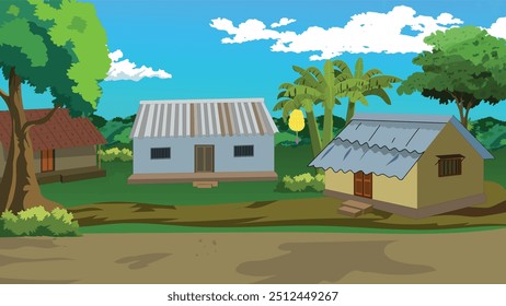 Cartoon village background copyright free.Tin shade house beside road
.Rural Bangladeshi village art