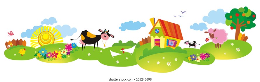 Cartoon Village Background With Cow And Color House