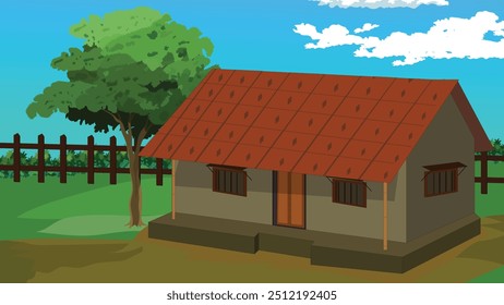 Desenhos animados sobre o fundo da casa da aldeia. Aldeia cabana rural com telhas vermelhas telhado e parede de lama em um campo verde 