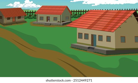 Cartoon village house background Village rural hut with red tiles roof and mud wall vector art