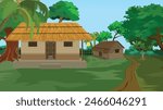 cartoon village house beside road vector illustration. Indian poor farmer house cottage background