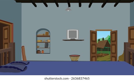 Cartoon Village House Interior Vector Background for Animation – Rural Room with TV, Furniture, Open Door, Kitchen Shelf, Outdoor View – 2D Game Asset, Traditional Home Scene Illustration
