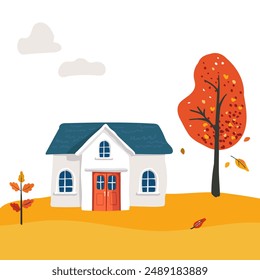 Cartoon Village House with a tiled roof. Folk red leaves on a tree. Postcard and poster. For children print and textiles