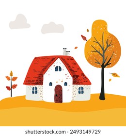 Cartoon Village House with a tiled roof. Folk yellow tree and clouds. Postcard and poster. For children print and textiles