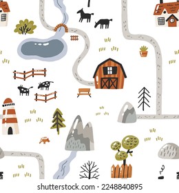 Cartoon village map. Cute childish background with rural area scenes, animals, lighthouse, trees, mountains, barn. Vector seamless print. Kid backdrop for textile, fabric, paper, games, play mat