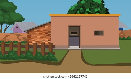 Cartoon Village Scene with Brick Wall, Concrete House, Tin Roof Homes, Trees, Fence, Countryside Landscape, Rural Architecture, Indian Village Background, Farming Illustration, Traditional House Art

