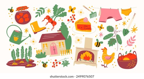 Cartoon village stickers. Set of garden elements: leaves, granny, fireplace, pie, gardening tools, flowers. Cozy hygge shapes in Scandinavian doodle style. Cottagecore set.