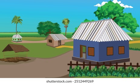 Cartoon Village Vector art illustration. rural village huts and houses in a green field background landscape for 2d animation