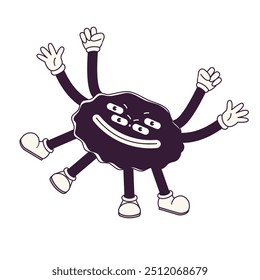 Cartoon vintage abstract halloween character funny spider. Retro trendy comic mascot of running scary spider with legs and hands in gloves.